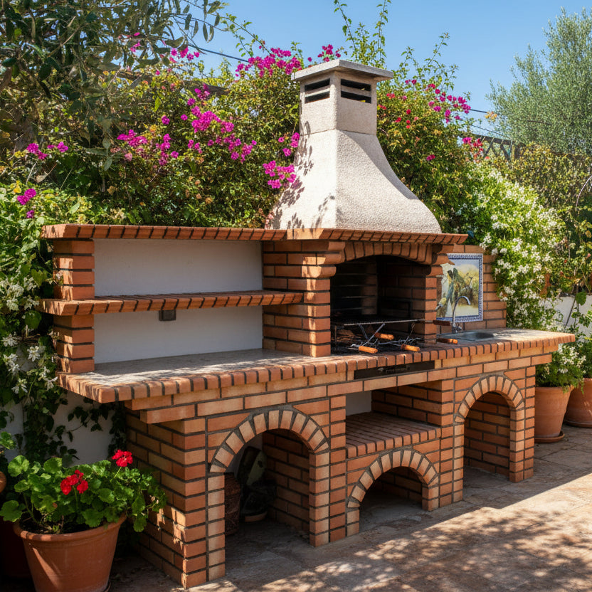 Calabria 601 – Barbecue interamente in mattoni con 2 tavoli (mensole + lavello opzionali) – affresco incluso