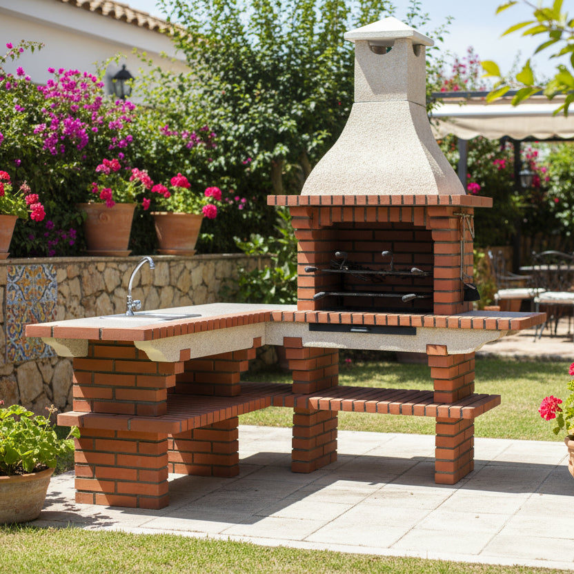Calabria 700 ad angolo: barbecue in mattoni e pietra ricostituita 190×190 cm – lavello opzionale