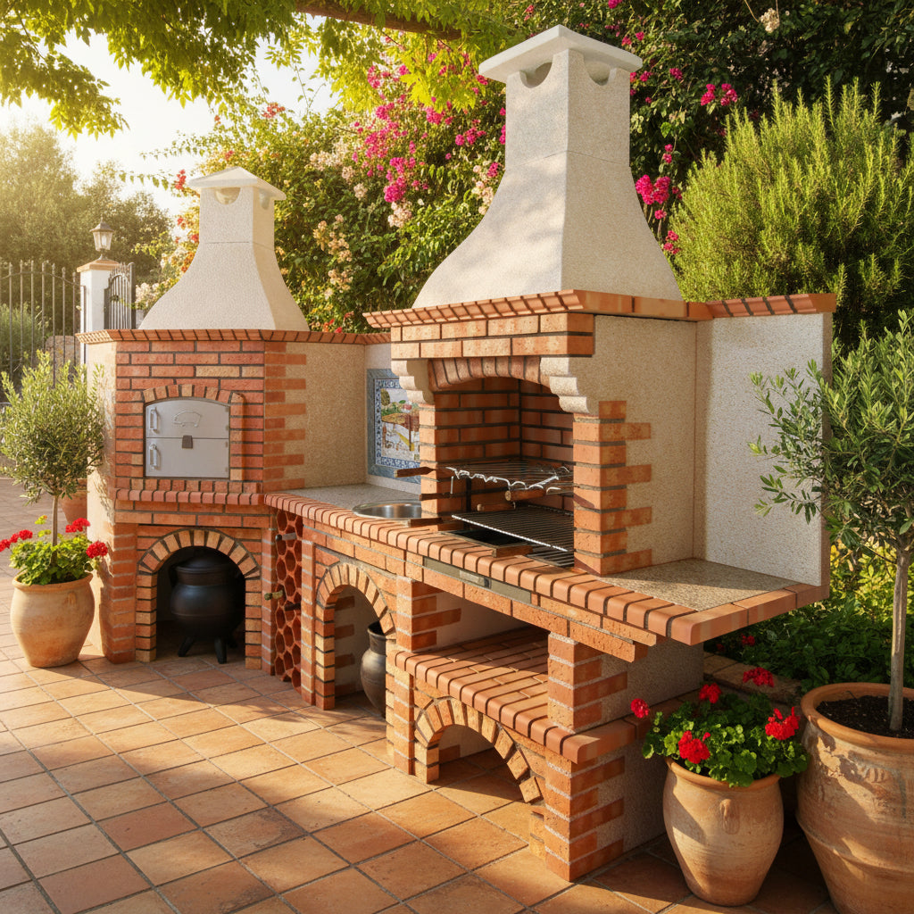 Calabria 1008 – Forno per pizza ad angolo con barbecue e lavello inox – 350×114 cm