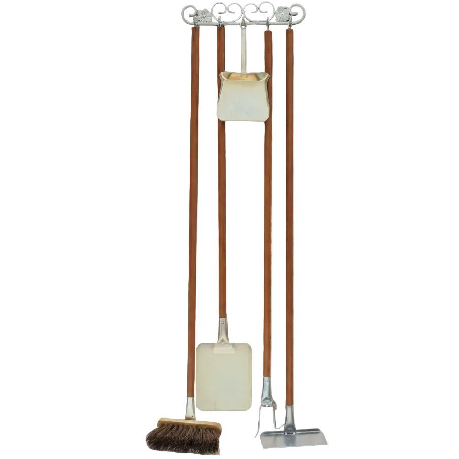 Custodia per forno a legna – Set di utensili con manici in legno e teste in acciaio inox + supporto a parete (140 cm)