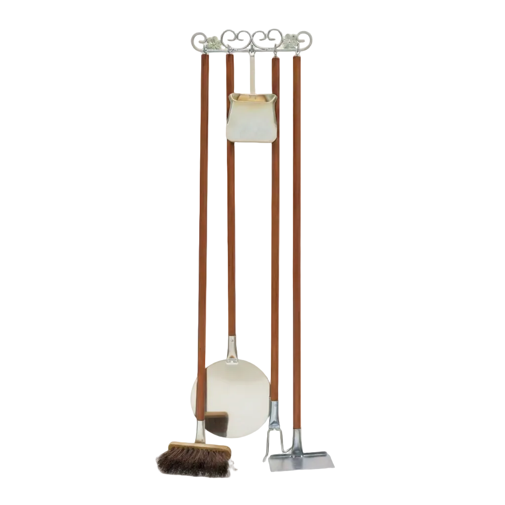 Custodia per forno a legna – Set di utensili con manici in legno e teste in acciaio inox + supporto a parete (140 cm)