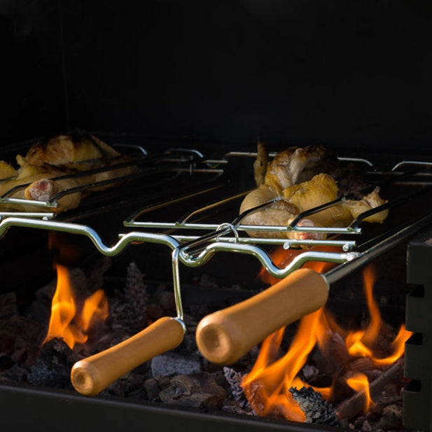 Griglia doppia per barbecue – Manici in legno (pesce e grigliate) – Acciaio o inox – 5 misure