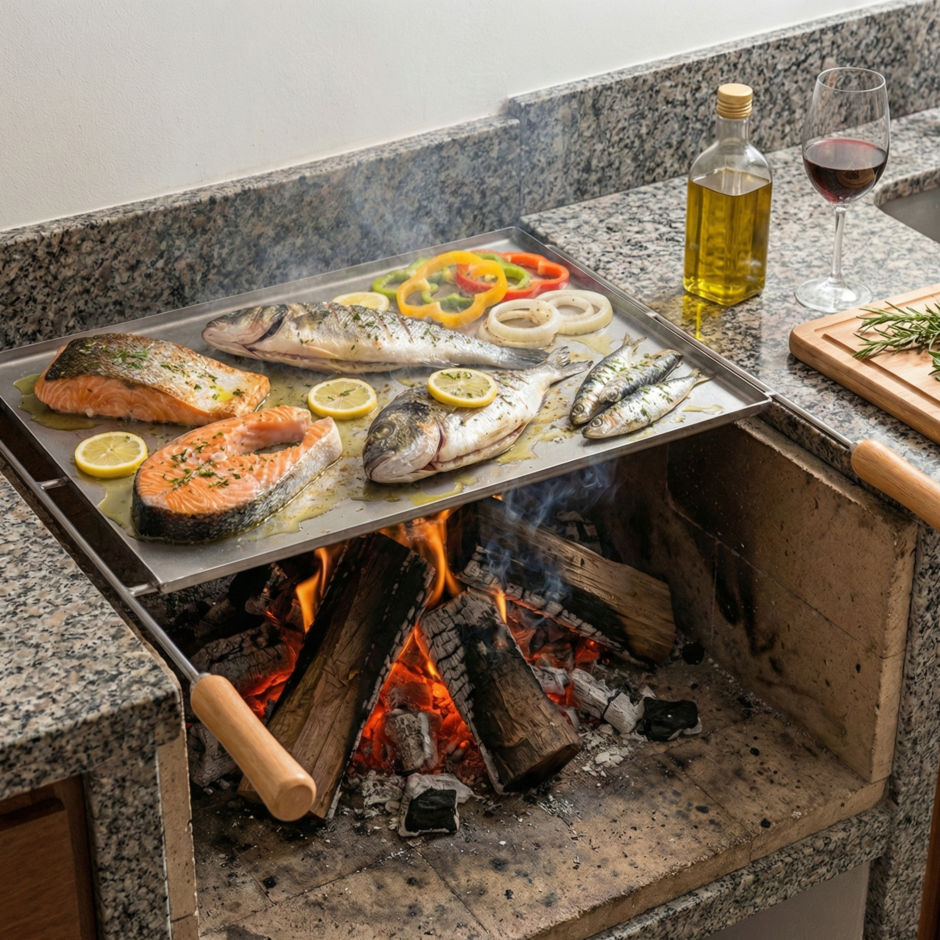 Grille plancha avec des poisson et legumes