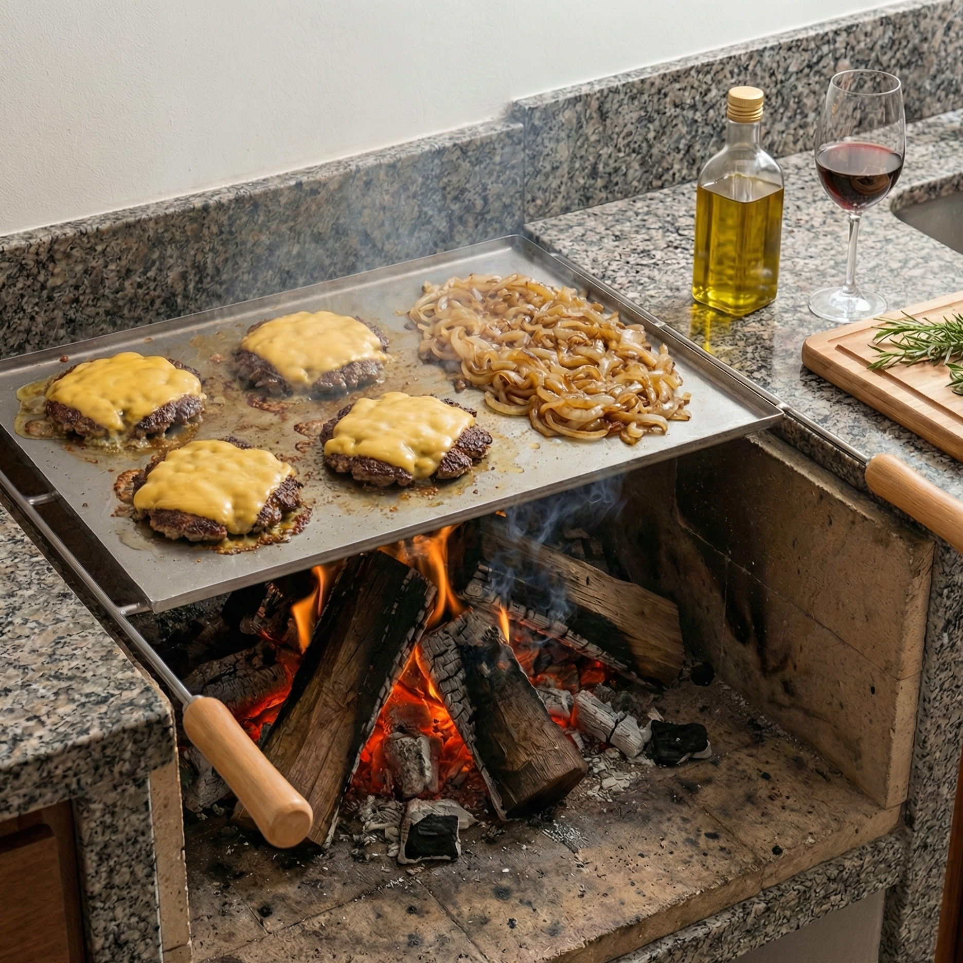 Grille plancha avec dessmash burguer et oignon carameliser