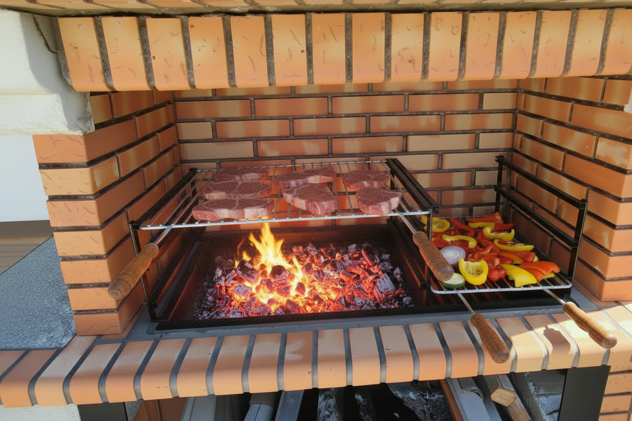 Calabria 326 – Barbecue in mattoni e pietra ricostituita con ampio piano di lavoro – griglia da 90 cm (lavello + affresco opzionali)