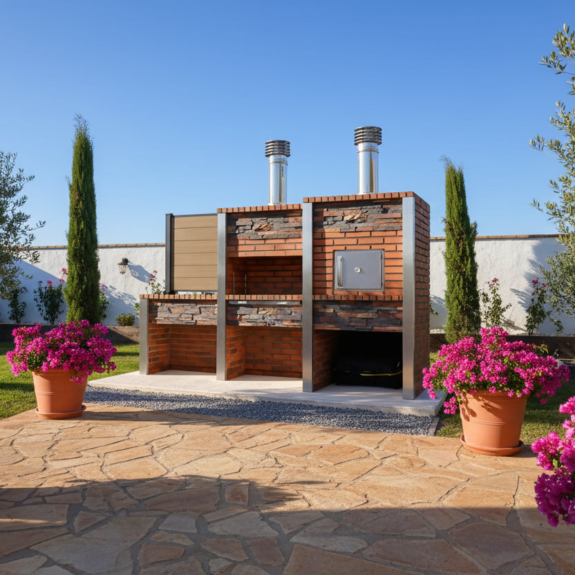 Inoxa 307 – Cucina da esterno premium in pietra ricostituita con forno Ø75 cm + barbecue 80×38 e piano in gres