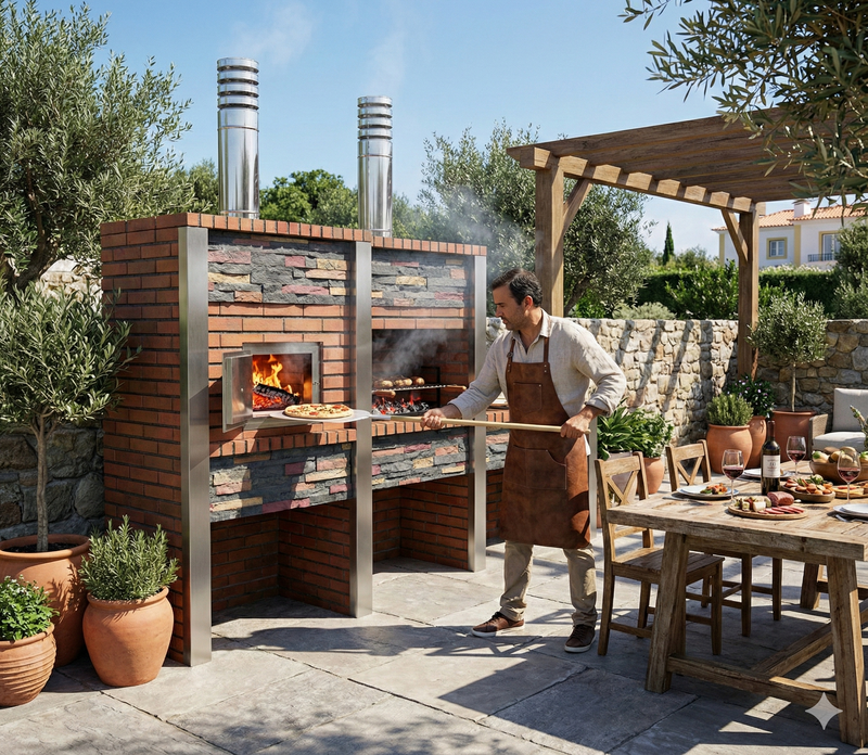 Cuisine d'été extérieure en briques et parement de pierres au crépuscule. Un four à bois est allumé avec des flammes visibles, et des braises chauffent sous une grille. Une table de jardin en bois rustique est dressée avec de la nourriture, du vin et des chaises. Une pergola en bois avec des lanternes suspendues éclaire la scène. Des plantes en pot et un mur de pierre complètent l'arrière-plan.