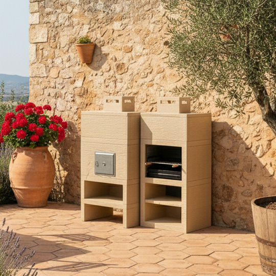 Linea 10F – Barbecue moderno + forno a legna Ø80 cm (griglia in acciaio da 60 cm inclusa)
