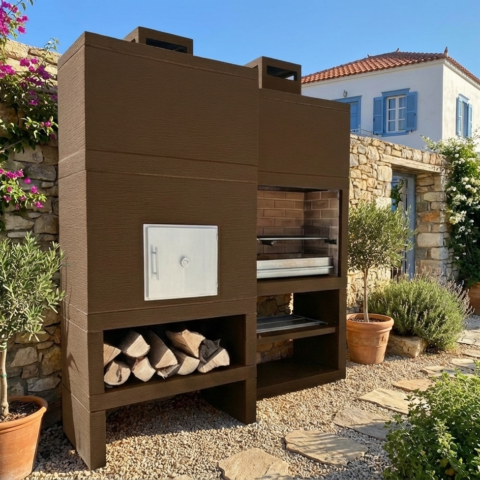 Linea 25F – Barbecue moderno + forno a legna Ø80 cm (kit di isolamento incluso) – griglia in acciaio da 80 cm