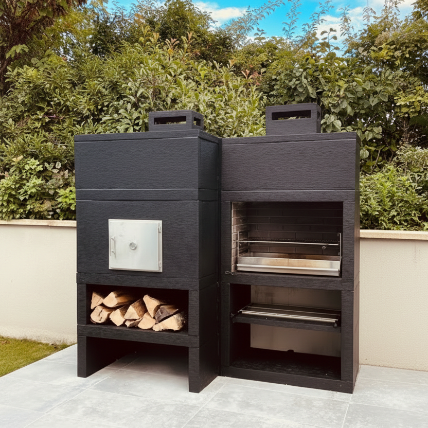 Linea 25F – Barbecue moderno + forno a legna Ø80 cm (kit di isolamento incluso) – griglia in acciaio da 80 cm
