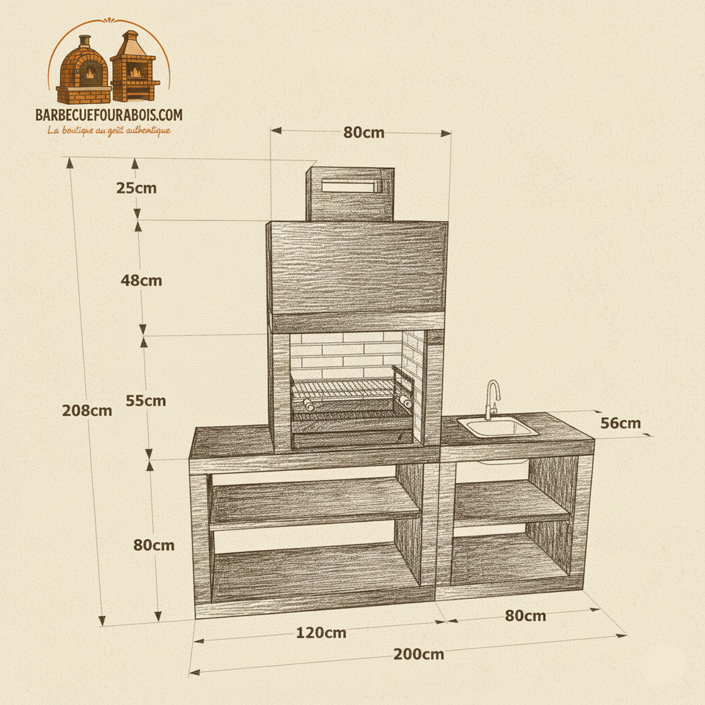 Linea 30 – Cucina da esterno moderna da 200 cm (moduli intercambiabili) – griglia in acciaio da 60 cm, lavello opzionale