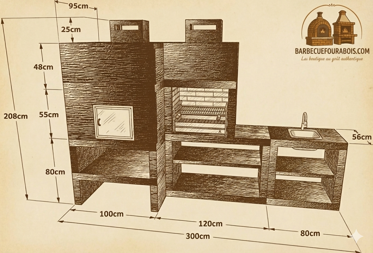 Linea 30F – Cucina da esterno modulare con forno Ø80 cm, griglia da 60 cm e modulo lavello (opzionale)