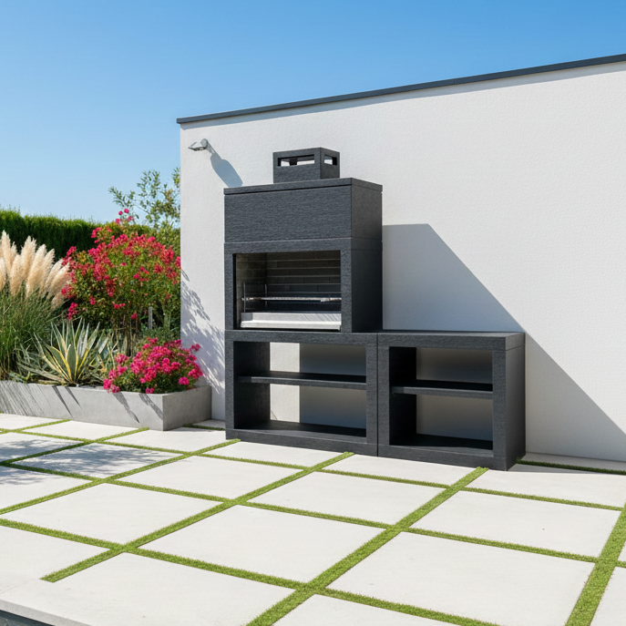Linea 35 – Cucina da esterno moderna da 200 cm (moduli intercambiabili) – griglia in acciaio da 80 cm, lavello opzionale