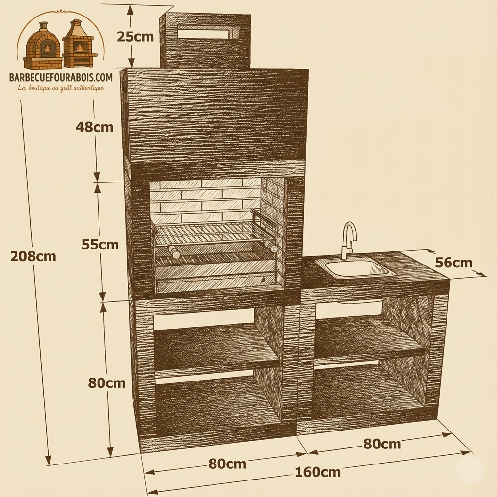 Linea 40 – Cucina da esterno moderna da 160 cm con modulo (lavello opzionale) – griglia da 60 cm