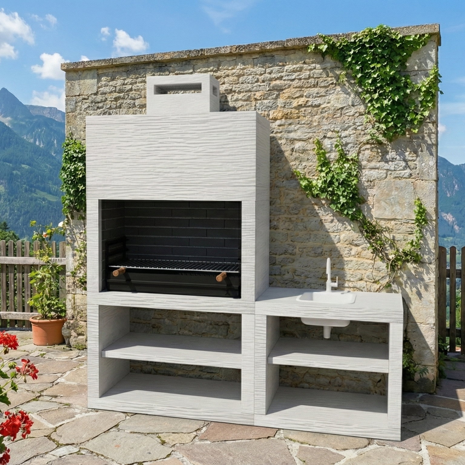 Linea 42 – Cucina da esterno moderna da 200 cm (4 colori) – griglia in acciaio da 80 cm, lavello opzionale