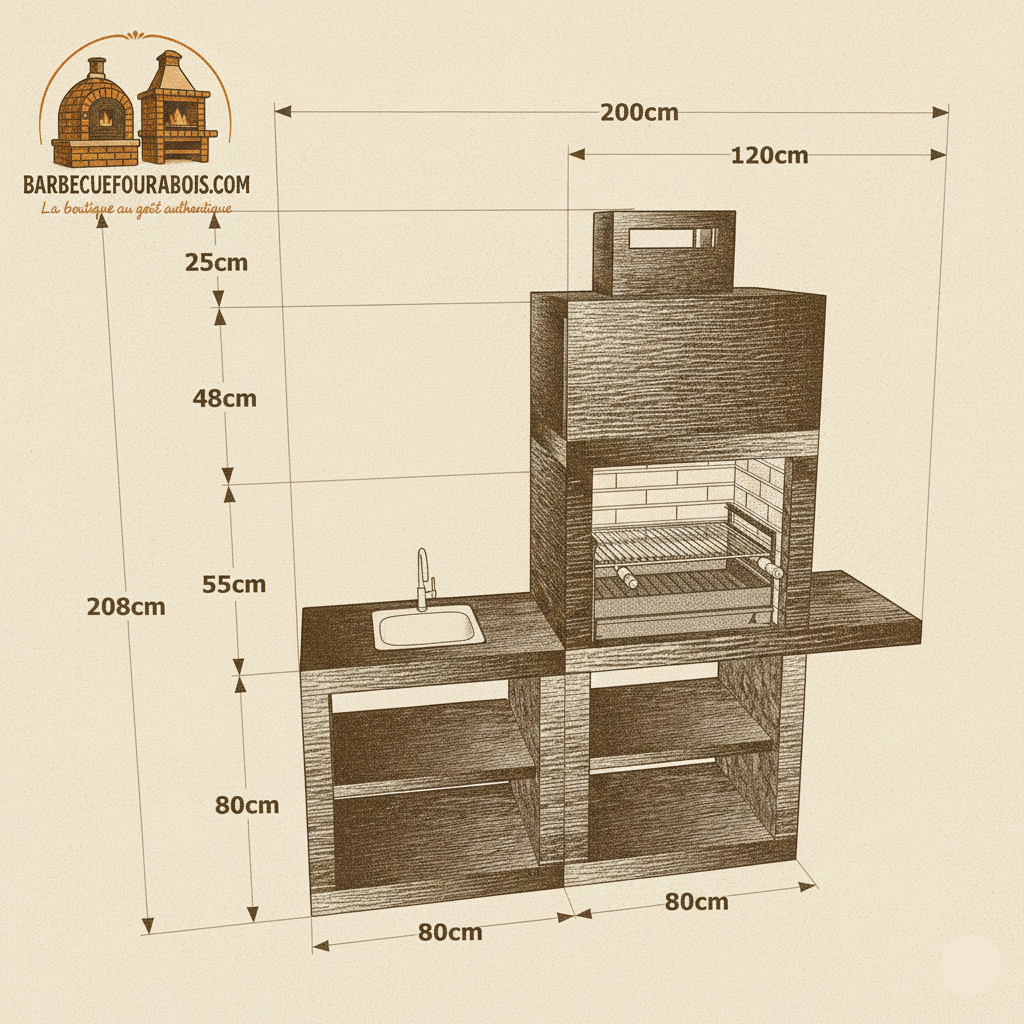 Linea 45 – Cucina da esterno moderna da 200 cm (moduli intercambiabili) – griglia in acciaio da 60 cm, lavello opzionale