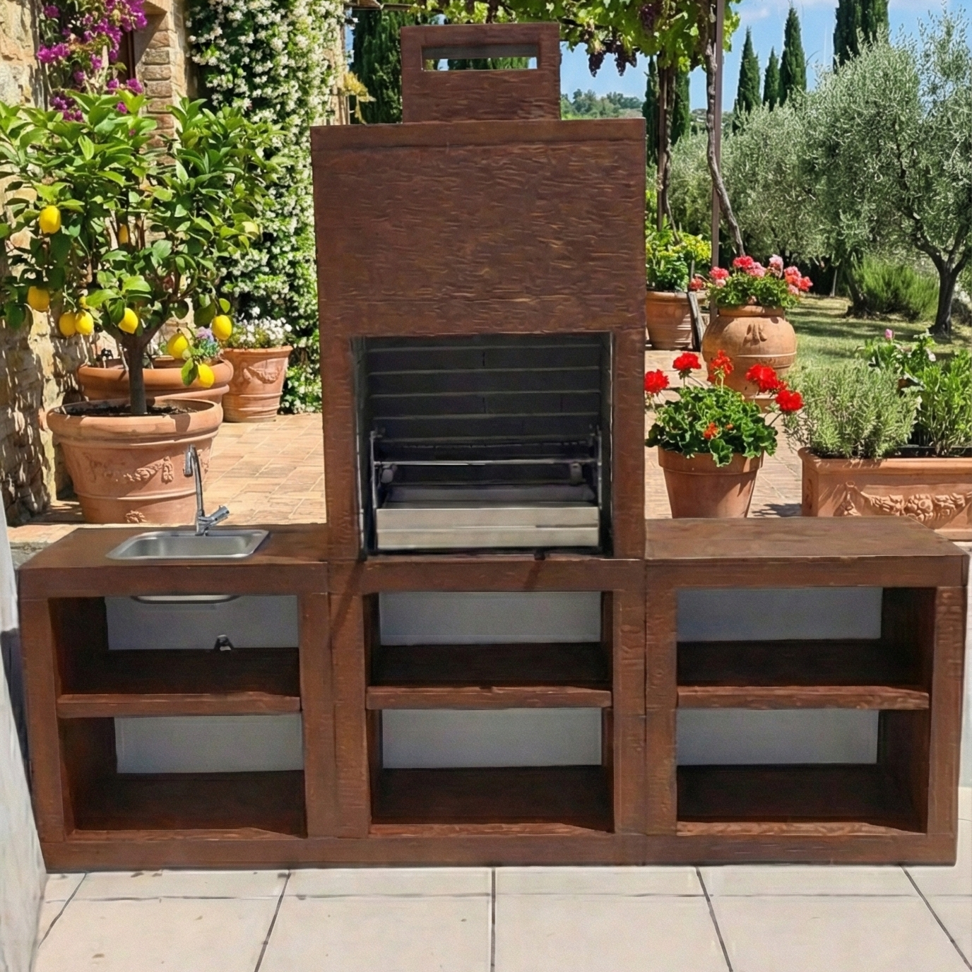 Linea 60 – Cucina da esterno moderna da 240 cm (2 moduli) – griglia in acciaio da 60 cm, lavello opzionale