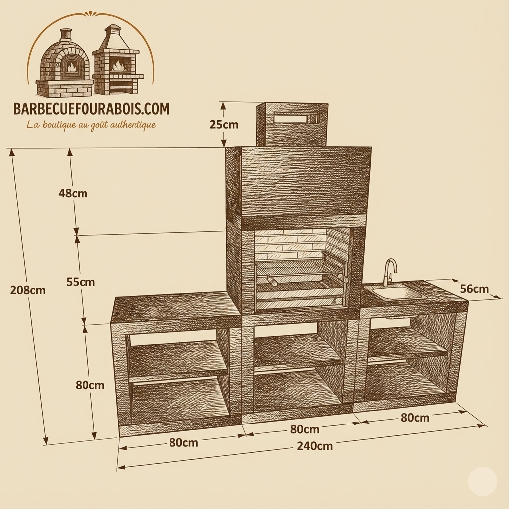 Linea 60 – Cucina da esterno moderna da 240 cm (2 moduli) – griglia in acciaio da 60 cm, lavello opzionale