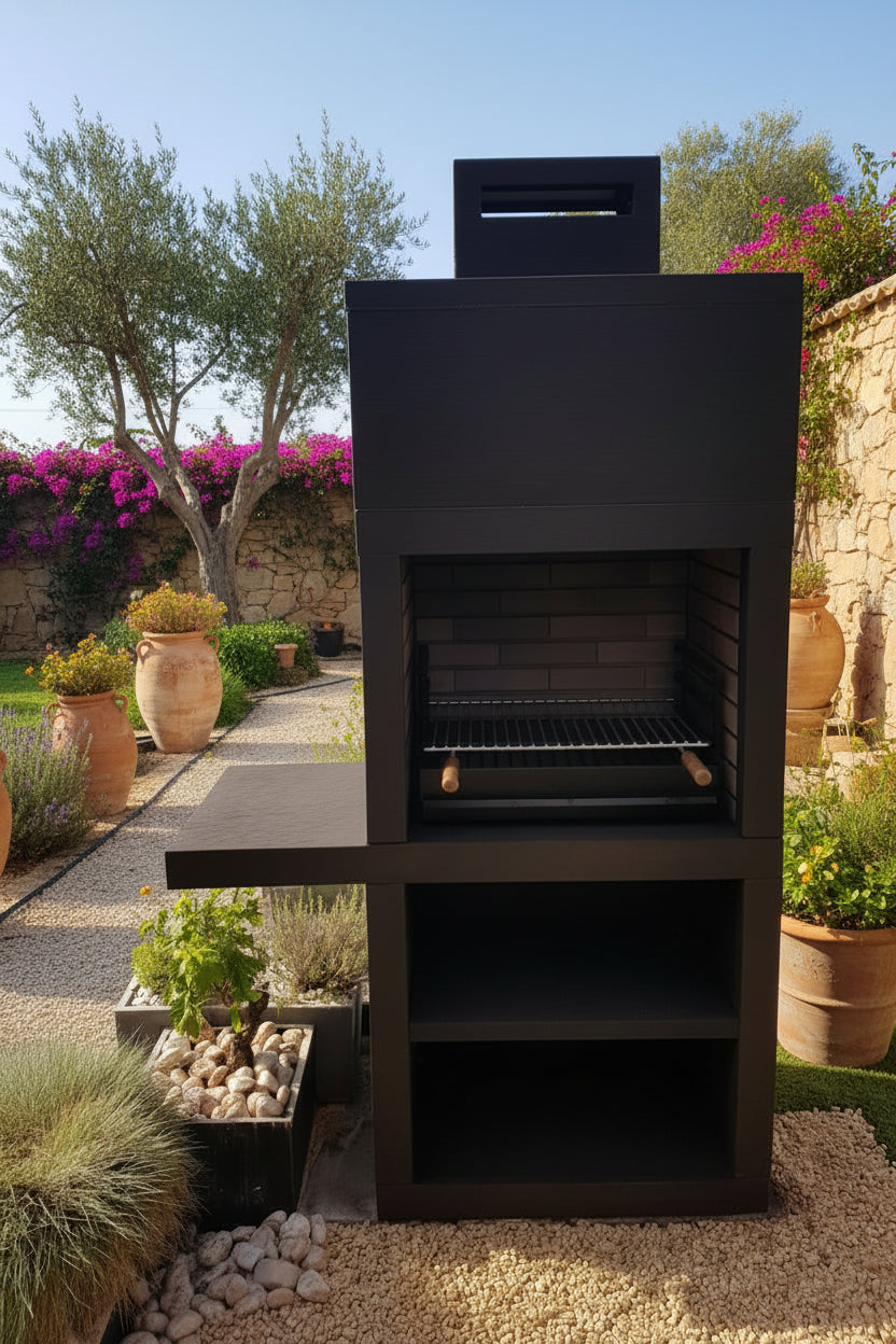 Linea 15 – Barbecue moderne avec tablette latérale (4 coloris) – grilloir acier 60 cm inclus