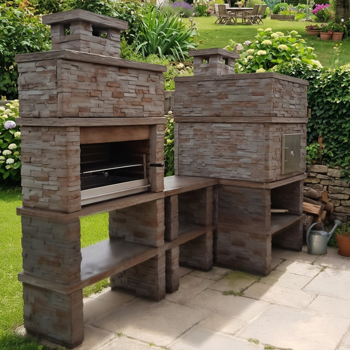 Montara 41 Four 80 – Slate-look stone barbecue with 80 cm grill, wood-fired oven and stainless steel sink