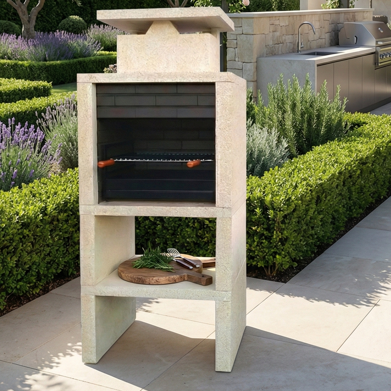 Nexa 601 – Barbecue moderno in pietra gialla, mattoni a scelta, griglia da 60×40 cm