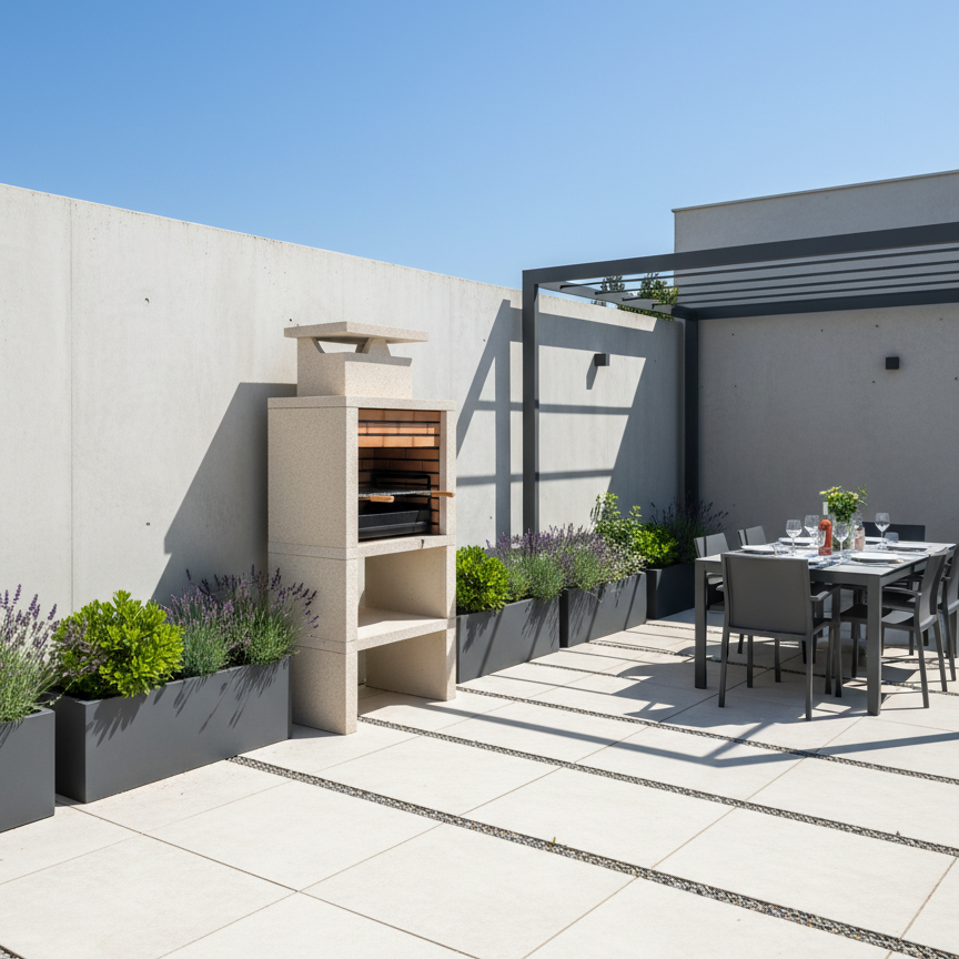 Nexa 601 – Barbecue moderno in pietra gialla, mattoni a scelta, griglia da 60×40 cm