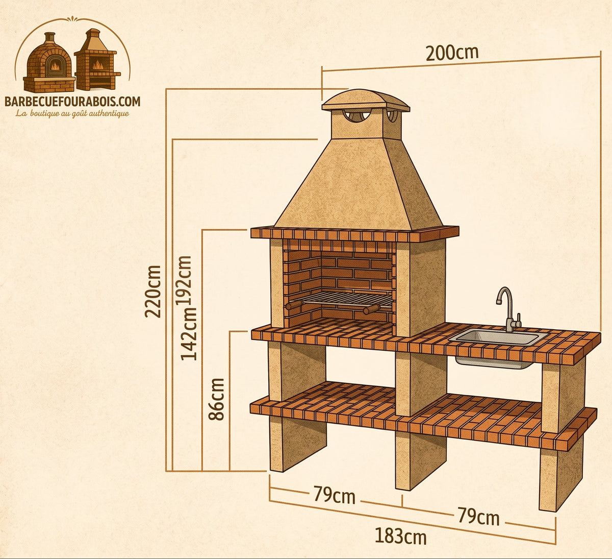 Terra 42 – Barbecue in pietra ricostituita con griglia da 80 cm e lavello a scelta